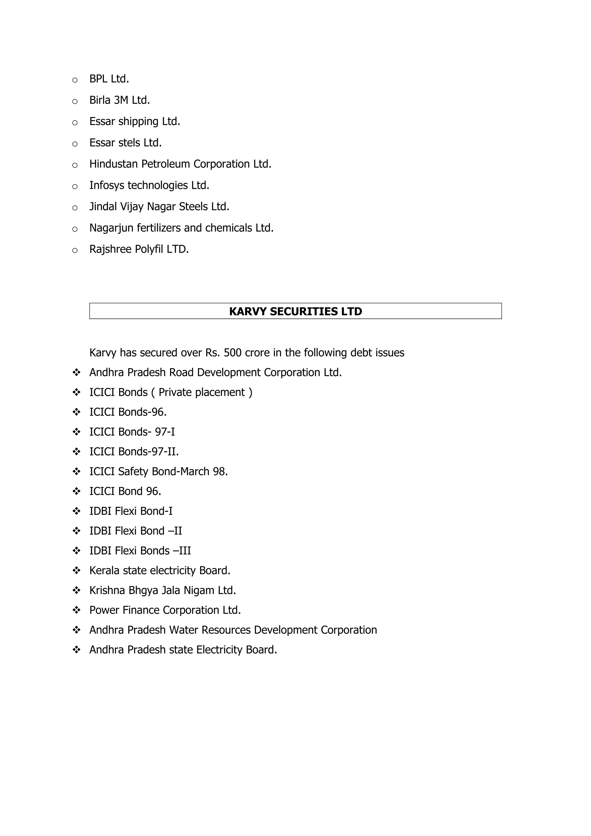 o   BPL Ltd.
o   Birla 3M Ltd.
o   Essar shipping Ltd.
o   Essar stels Ltd.
o   Hindustan Petroleum Corporation Ltd.
o   Infosys technologies Ltd.
o   Jindal Vijay Nagar Steels Ltd.
o   Nagarjun fertilizers and chemicals Ltd.
o   Rajshree Polyfil LTD.




                                 KARVY SECURITIES LTD


    Karvy has secured over Rs. 500 crore in the following debt issues
 Andhra Pradesh Road Development Corporation Ltd.
 ICICI Bonds ( Private placement )
 ICICI Bonds-96.
 ICICI Bonds- 97-I
 ICICI Bonds-97-II.
 ICICI Safety Bond-March 98.
 ICICI Bond 96.
 IDBI Flexi Bond-I
 IDBI Flexi Bond –II
 IDBI Flexi Bonds –III
 Kerala state electricity Board.
 Krishna Bhgya Jala Nigam Ltd.
 Power Finance Corporation Ltd.
 Andhra Pradesh Water Resources Development Corporation
 Andhra Pradesh state Electricity Board.
 
