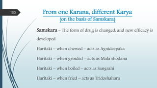 From one Karana, different Karya
(on the basis of Samskara)
Samskara – The form of drug is changed, and new efficacy is
developed
Haritaki – when chewed – acts as Agnideepaka
Haritaki – when grinded – acts as Mala shodana
Haritaki – when boiled – acts as Sangrahi
Haritaki – when fried – acts as Tridoshahara
100
 