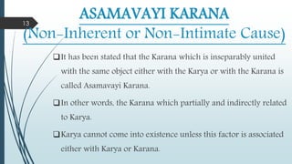 ASAMAVAYI KARANA
(Non-Inherent or Non-Intimate Cause)
It has been stated that the Karana which is inseparably united
with the same object either with the Karya or with the Karana is
called Asamavayi Karana.
In other words, the Karana which partially and indirectly related
to Karya.
Karya cannot come into existence unless this factor is associated
either with Karya or Karana.
13
 