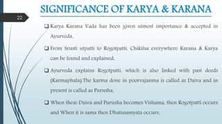 SIGNIFICANCE OF KARYA & KARANA
 Karya Karana Vada has been given utmost importance & accepted in
Ayurveda.
 From Srusti utpatti to Rogotpatti, Chikitsa everywhere Karana & Karya
can be found and explained.
 Ayurveda explains Rogotpatti, which is also linked with past deeds
(Karmaphala).The karma done in poorvajanma is called as Daiva and in
present is called as Purusha.
 When these Daiva and Purusha becomes Vishama, then Rogotpatti occurs
and When it is sama then Dhatusamyata occurs.
22
 