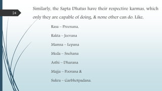 Similarly, the Sapta Dhatus have their respective karmas, which
only they are capable of doing, & none other can do. Like,
Rasa – Preenana,
Rakta – Jeevana
Mamsa – Lepana
Meda – Snehana
Asthi – Dharana
Majja – Poorana &
Sukra – Garbhotpadana.
24
 