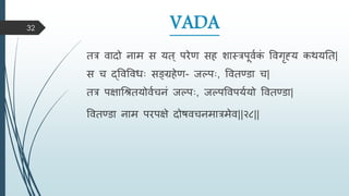 VADA
तर िादो नाि स यत ् परेण सह शास्रपूिमक
ं विगृह्य कियतत|
स च द्विविधाः सङ्रहेण- जल्पाः, वितण्डा च|
तर पक्षाधितयोिमचनं जल्पाः, जल्पविपयमयो वितण्डा|
वितण्डा नाि परपक्षे दोषिचनिारिेि||२८||
32
 