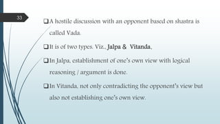 A hostile discussion with an opponent based on shastra is
called Vada.
It is of two types. Viz., Jalpa & Vitanda.
In Jalpa, establishment of one’s own view with logical
reasoning / argument is done.
In Vitanda, not only contradicting the opponent’s view but
also not establishing one’s own view.
33
 