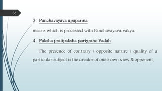 3. Panchavayava upapanna
means which is processed with Panchavayava vakya.
4. Paksha pratipaksha parigraho Vadah
The presence of contrary / opposite nature / quality of a
particular subject is the creator of one’s own view & opponent.
36
 
