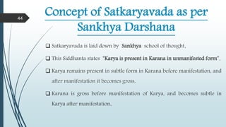 Concept of Satkaryavada as per
Sankhya Darshana
 Satkaryavada is laid down by Sankhya school of thought.
 This Siddhanta states “Karya is present in Karana in unmanifested form”.
 Karya remains present in subtle form in Karana before manifestation, and
after manifestation it becomes gross.
 Karana is gross before manifestation of Karya, and becomes subtle in
Karya after manifestation.
44
 
