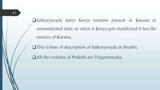 Satkaryavada states Karya remains present in Karana in
unmanifested state, so when it Karya gets manifested it has the
essence of Karana.
This is base of description of Satkaryavada in Srushti.
All the evolutes of Prakriti are Trigunatmaka.
47
 