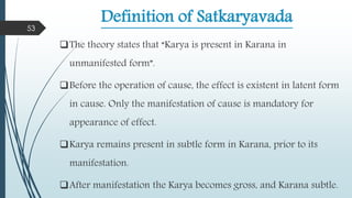 Definition of Satkaryavada
The theory states that “Karya is present in Karana in
unmanifested form”.
Before the operation of cause, the effect is existent in latent form
in cause. Only the manifestation of cause is mandatory for
appearance of effect.
Karya remains present in subtle form in Karana, prior to its
manifestation.
After manifestation the Karya becomes gross, and Karana subtle.
53
 