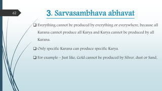 3. Sarvasambhava abhavat
 Everything cannot be produced by everything or everywhere, because all
Karana cannot produce all Karya and Karya cannot be produced by all
Karana.
 Only specific Karana can produce specific Karya.
 For example – Just like, Gold cannot be produced by Silver, dust or Sand.
62
 