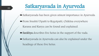 Satkaryavada in Ayurveda
Satkaryavada has been given utmost importance in Ayurveda.
From Srushti Utpatti to Rogotpatti, Chikitsa everywhere
Karana and Karya can be found and explained.
Sankhya describes five hetus in the support of the vada.
Satkaryavada in Ayurveda can also be explained under the
headings of these five hetus.
66
 