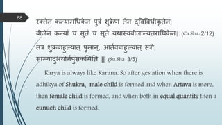 रक्तेन कन्त्यािधधक
े न पुरं शुि
े ण तेन द्विविधीकृ तेन|
बीजेन कन्त्यां च सुतं च सूते यिास्िबीजान्त्यतराधधक
े न||(Ca.Sha-2/12)
तर शुिबाहुल्यात ् पुिान ्, आतमिबाहुल्यात ् स्री,
साम्यादुभयोनमपुंसकमितत || (Su.Sha-3/5)
Karya is always like Karana. So after gestation when there is
adhikya of Shukra, male child is formed and when Artava is more,
then female child is formed, and when both in equal quantity then a
eunuch child is formed.
88
 