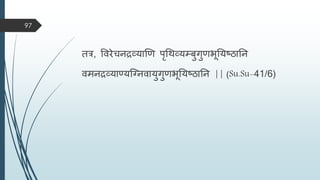 तर, विरेचनद्रव्याणण पृधिव्यम्बुगुणभूतयष्ठातन
ििनद्रव्याण्यस्ग्निायुगुणभूतयष्ठातन || (Su.Su-41/6)
97
 