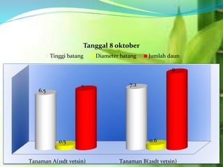 Tanaman A(1sdt vetsin) Tanaman B(2sdt vetsin)
6.5
7.2
0.5 0.6
7
9
Tanggal 8 oktober
Tinggi batang Diameter batang Jumlah daun
 