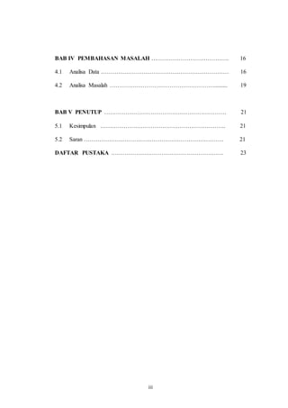 BAB IV PEMBAHASAN MASALAH …………………………………. 16 
4.1 Analisa Data ………………………………………………………… 16 
4.2 Analisa Masalah ………………………………………………......... 19 
BAB V PENUTUP ……………………………………………………… 21 
5.1 Kesimpulan ……………………………………………………….. 21 
5.2 Saran ……………………………………………………………… 21 
DAFTAR PUSTAKA …………………………………………………. 23 
iii 
 