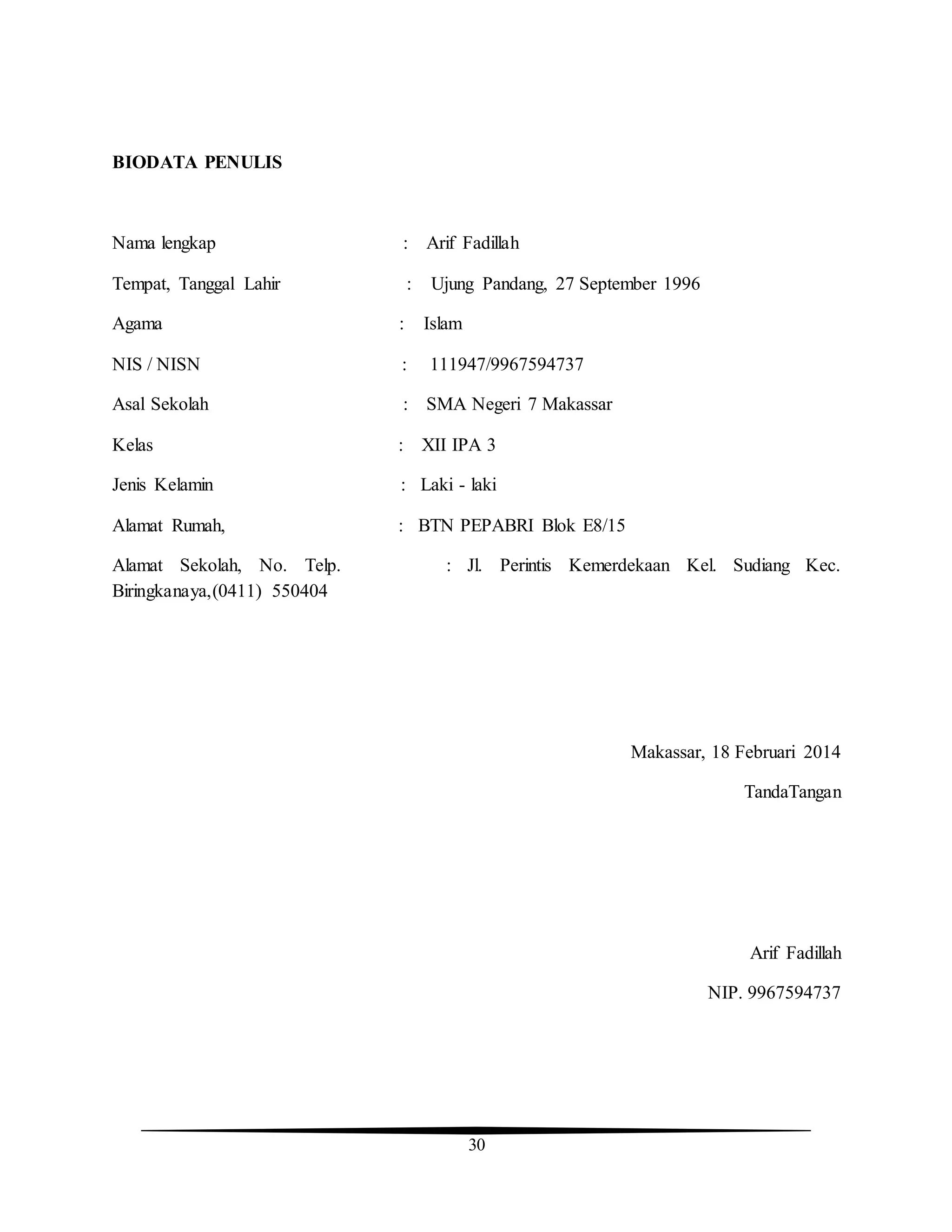 30
BIODATA PENULIS
Nama lengkap : Arif Fadillah
Tempat, Tanggal Lahir : Ujung Pandang, 27 September 1996
Agama : Islam
NIS / NISN : 111947/9967594737
Asal Sekolah : SMA Negeri 7 Makassar
Kelas : XII IPA 3
Jenis Kelamin : Laki - laki
Alamat Rumah, : BTN PEPABRI Blok E8/15
Alamat Sekolah, No. Telp. : Jl. Perintis Kemerdekaan Kel. Sudiang Kec.
Biringkanaya,(0411) 550404
Makassar, 18 Februari 2014
TandaTangan
Arif Fadillah
NIP. 9967594737
 