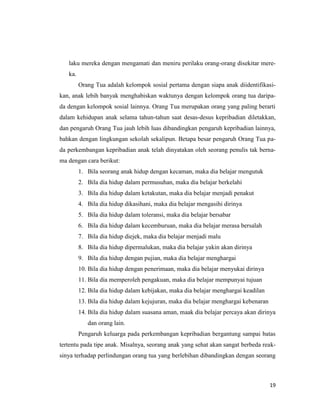 19
laku mereka dengan mengamati dan meniru perilaku orang-orang disekitar mere-
ka.
Orang Tua adalah kelompok sosial pertama dengan siapa anak diidentifikasi-
kan, anak lebih banyak menghabiskan waktunya dengan kelompok orang tua daripa-
da dengan kelompok sosial lainnya. Orang Tua merupakan orang yang paling berarti
dalam kehidupan anak selama tahun-tahun saat desas-desus kepribadian diletakkan,
dan pengaruh Orang Tua jauh lebih luas dibandingkan pengaruh kepribadian lainnya,
bahkan dengan lingkungan sekolah sekalipun. Betapa besar pengaruh Orang Tua pa-
da perkembangan kepribadian anak telah dinyatakan oleh seorang penulis tak berna-
ma dengan cara berikut:
1. Bila seorang anak hidup dengan kecaman, maka dia belajar mengutuk
2. Bila dia hidup dalam permusuhan, maka dia belajar berkelahi
3. Bila dia hidup dalam ketakutan, maka dia belajar menjadi penakut
4. Bila dia hidup dikasihani, maka dia belajar mengasihi dirinya
5. Bila dia hidup dalam toleransi, maka dia belajar bersabar
6. Bila dia hidup dalam kecemburuan, maka dia belajar merasa bersalah
7. Bila dia hidup diejek, maka dia belajar menjadi malu
8. Bila dia hidup dipermalukan, maka dia belajar yakin akan dirinya
9. Bila dia hidup dengan pujian, maka dia belajar menghargai
10. Bila dia hidup dengan penerimaan, maka dia belajar menyukai dirinya
11. Bila dia memperoleh pengakuan, maka dia belajar mempunyai tujuan
12. Bila dia hidup dalam kebijakan, maka dia belajar menghargai keadilan
13. Bila dia hidup dalam kejujuran, maka dia belajar menghargai kebenaran
14. Bila dia hidup dalam suasana aman, maak dia belajar percaya akan dirinya
dan orang lain.
Pengaruh keluarga pada perkembangan kepribadian bergantung sampai batas
tertentu pada tipe anak. Misalnya, seorang anak yang sehat akan sangat berbeda reak-
sinya terhadap perlindungan orang tua yang berlebihan dibandingkan dengan seorang
 