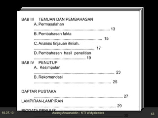 15.07.13 43Awang Anwaruddin - KTI Widyaiswara
JUDUL KARYA TULIS ILMIAH
Oleh:
Nama widyaiswara
NIP
Pangkat/golongan
Jabatan
Nama Instansi
Kota, Tanggal, Bulan, Tahun
JUDUL KARYA TULIS ILMIAH
Oleh:
Nama widyaiswara
NIP
Pangkat/golongan
Jabatan
Nama Instansi
Kota, Tanggal, Bulan, Tahun
JUDUL KARYA TULIS ILMIAH
Oleh:
Nama widyaiswara
NIP
Pangkat/golongan
Jabatan
Nama Instansi
Kota, Tanggal, Bulan, Tahun
JUDUL KARYA TULIS ILMIAH
Oleh:
Nama widyaiswara
NIP
Pangkat/golongan
Jabatan
Nama Instansi
Kota, Tanggal, Bulan, Tahun
BAB III TEMUAN DAN PEMBAHASAN
A. Permasalahan
..................................................................... 13
B. Pembahasan fakta
.............................................................. 15
C. Analisis tinjauan ilmiah.
....................................................... 17
D. Pembahasan hasil penelitian
............................................... 19
BAB IV PENUTUP
A. Kesimpulan
......................................................................... 23
B. Rekomendasi
...................................................................... 25
DAFTAR PUSTAKA
................................................................................. 27
LAMPIRAN-LAMPIRAN
........................................................................... 29
BIODATA PENULIS
................................................................................. 35
 