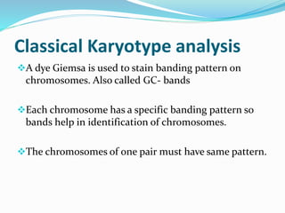 Classical Karyotype analysis
A dye Giemsa is used to stain banding pattern on
chromosomes. Also called GC- bands
Each chromosome has a specific banding pattern so
bands help in identification of chromosomes.
The chromosomes of one pair must have same pattern.
 