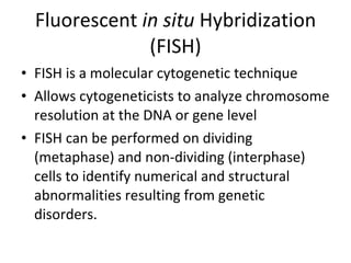 Fluorescent  in situ  Hybridization (FISH) FISH is a molecular cytogenetic technique Allows cytogeneticists to analyze chromosome resolution at the DNA or gene level FISH can be performed on dividing (metaphase) and non-dividing (interphase) cells to identify numerical and structural abnormalities resulting from genetic disorders. 