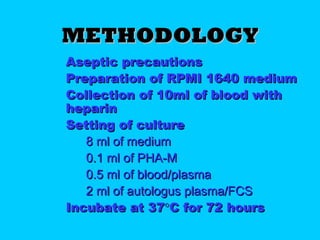 METHODOLOGYMETHODOLOGY
 Aseptic precautionsAseptic precautions
 Preparation of RPMI 1640 mediumPreparation of RPMI 1640 medium
 Collection of 10ml of blood withCollection of 10ml of blood with
heparinheparin
 Setting of cultureSetting of culture
8 ml of medium8 ml of medium
0.1 ml of PHA-M0.1 ml of PHA-M
0.5 ml of blood/plasma0.5 ml of blood/plasma
2 ml of autologus plasma/FCS2 ml of autologus plasma/FCS
 Incubate at 37Incubate at 37°°C for 72 hoursC for 72 hours
 