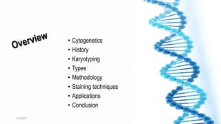 • Cytogenetics
• History
• Karyotyping
• Types
• Methodology
• Staining techniques
• Applications
• Conclusion
6/18/2017 2
 