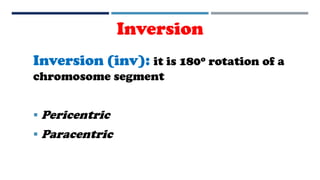 Inversion
Inversion (inv): it is 180o rotation of a
chromosome segment
 Pericentric
 Paracentric
 
