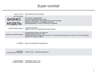 Super cocktail
4
Адрес сайта • http://aizadamm.wix.com/mysite
/КАТЕГОРИЯ
БИЗНЕС
МОДЕЛЬ
• :Тип проекта производство
• / :Рыночная ниша Индустрия Спорт
• : ,Клиенты Население которое заботится о своем здоровье
• - :Модель монетизации что продаем Коктейль
• : 500 7000Ценообразование от до тенге за упаковку
ГЕОГРАФИЯ РЫНКА
• :Текущая Казахстан
• 3-5 : . ( , . )Через лет СНГ Азия Корея Китай Япония
ОБЪЕМ И ДОЛЯ РЫНКА
• 167Текущий объем рынка млрд дол
• 13%Годовой темп роста рынка
• 3 : % , 3% , 3Планируемая через года доля рынка в и в денежном выражении рынка за года планируем
5 .продать на млрд долларов
СТАДИЯ • ,Идея план действий и команда или
МОДЕЛЬ
МАСШТАБИРОВАНИЯ
• - /Развитие сети партнеры франшизы
ТРЕБУЕМЫЕ
ИНВЕСТИЦИИ
• : 1 .Требуемая сумма млн
• На развитие технологии
 