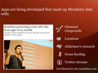 Apps are being developed that mash up Mendeley data 
with: 
Chemical 
compounds 
Locations 
Alzheimer’s research 
Grant funding 
Twitter streams 
Get Started @ dev.mendeley.com 
 