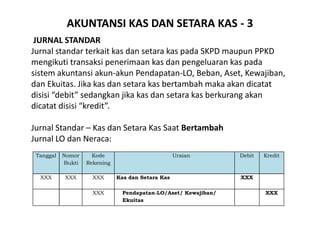 AKUNTANSI KAS DAN SETARA KAS - 3 
JURNAL STANDAR 
Jurnal standar terkait kas dan setara kas pada SKPD maupun PPKD 
mengikuti transaksi penerimaan kas dan pengeluaran kas pada 
sistem akuntansi akun-akun Pendapatan-LO, Beban, Aset, Kewajiban, 
dan Ekuitas. Jika kas dan setara kas bertambah maka akan dicatat 
disisi “debit” sedangkan jika kas dan setara kas berkurang akan 
dicatat disisi “kredit”. 
Jurnal Standar – Kas dan Setara Kas Saat Bertambah 
Jurnal LO dan Neraca: 
Tanggal Nomor 
Bukti 
Kode 
Rekening 
Uraian Debit Kredit 
XXX XXX XXX Kas dan Setara Kas XXX 
XXX Pendapatan-LO/Aset/ Kewajiban/ 
Ekuitas 
XXX 
 