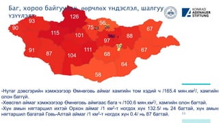 Баг, хороо байгуулах, өөрчлөх үндэслэл, шалгуур
үзүүлэлт
11
-Нутаг дэвсгэрийн хэмжээгээр Өмнөговь аймаг хамгийн том хэдий ч /165.4 мян.км2/, хамгийн
олон баггүй.
-Хөвсгөл аймаг хэмжээгээр Өмнөговь аймгаас бага ч /100.6 мян.км2/, хамгийн олон багтай.
-Хүн амын нягтаршил ихтэй Орхон аймаг /1 км2-т ногдох хүн 132.5/ нь 24 багтай, хүн амын
нягтаршил багатай Говь-Алтай аймаг /1 км2-т ногдох хүн 0.4/ нь 87 багтай.
 