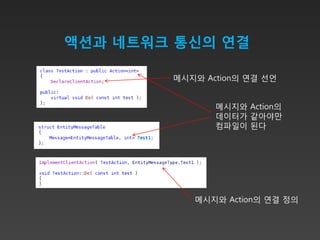 액션과 네트워크 통신의 연결

        메시지와 Action의 연결 선언


               메시지와 Action의
               데이터가 같아야만
               컴파일이 된다




           메시지와 Action의 연결 정의
 