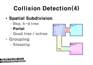 Collision Detection(4)
• Spatial Subdivision
  – Bsp, k-d tree
  – Portal
  – Quad tree / octree
• Grouping
  – Sleeping
 