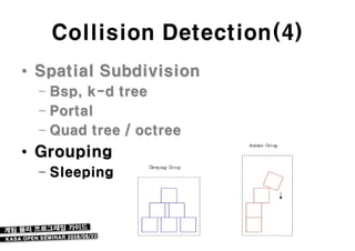 Collision Detection(4)
• Spatial Subdivision
  – Bsp, k-d tree
  – Portal
  – Quad tree / octree
• Grouping
  – Sleeping
 
