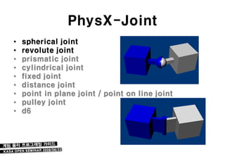 PhysX-Joint
•   spherical joint
•   revolute joint
•   prismatic joint
•   cylindrical joint
•   fixed joint
•   distance joint
•   point in plane joint / point on line joint
•   pulley joint
•   d6
 