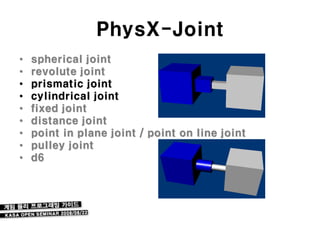 PhysX-Joint
•   spherical joint
•   revolute joint
•   prismatic joint
•   cylindrical joint
•   fixed joint
•   distance joint
•   point in plane joint / point on line joint
•   pulley joint
•   d6
 