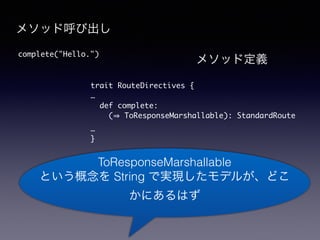 ᥽åɺӳ 
complete("Hello.") ᥽åɶx 
trait RouteDirectives { 
 
def complete: 
(? ToResponseMarshallable): StandardRoute 
 
} 
ToResponseMarshallable 
Ȥ String ǌgFǥ뤬ɤ 
ˤϤ 
 