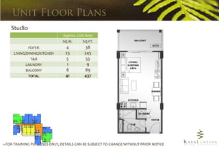 Studio
                              Approx. Unit Area
                              SQ.M.      SQ.FT.
             FOYER              4         38
     LIVING/DINING/KITCHEN      23        245
              T&B               5          55
            LAUNDRY              1         9
            BALCONY             8         89
             TOTAL              41        437




» FOR TRAINING PURPOSES ONLY, DETAILS CAN BE SUBJECT TO CHANGE WITHOUT PRIOR NOTICE
 