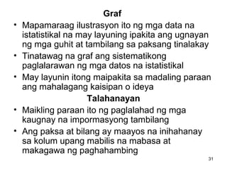 31
Graf
• Mapamaraag ilustrasyon ito ng mga data na
istatistikal na may layuning ipakita ang ugnayan
ng mga guhit at tambilang sa paksang tinalakay
• Tinatawag na graf ang sistematikong
paglalarawan ng mga datos na istatistikal
• May layunin itong maipakita sa madaling paraan
ang mahalagang kaisipan o ideya
Talahanayan
• Maikling paraan ito ng paglalahad ng mga
kaugnay na impormasyong tambilang
• Ang paksa at bilang ay maayos na inihahanay
sa kolum upang mabilis na mabasa at
makagawa ng paghahambing
 