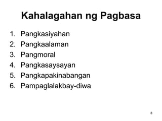 8
Kahalagahan ng Pagbasa
1. Pangkasiyahan
2. Pangkaalaman
3. Pangmoral
4. Pangkasaysayan
5. Pangkapakinabangan
6. Pampaglalakbay-diwa
 