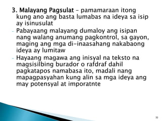 3. Malayang Pagsulat – pamamaraan itong
kung ano ang basta lumabas na ideya sa isip
ay isinusulat
- Pabayaang malayang dumaloy ang isipan
nang walang anumang pagkontrol, sa gayon,
maging ang mga di-inaasahang nakabaong
ideya ay lumitaw
- Hayaang magawa ang inisyal na teksto na
magsisilbing burador o rafdraf dahil
pagkatapos namabasa ito, madali nang
mapagpasyahan kung alin sa mga ideya ang
may potensyal at imporatnte
32
 