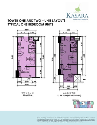 KEY PLAN 
TYPICAL ONE BEDROOM UNITS 
Unit C, D, L, M 
28.00 SQM 
Unit Q, R, W, X 
31.36 SQM (with BALCONY) 
TOWER ONE AND TWO – UNIT LAYOUTS 
These renderings are based on the architect’s perspective and do not form part of an offer or contract. Selling price is established principally on a per unit basis and not on the unit measurement or dimension. Empire East reserves the right to modify these illustrations without prior notice. Clients are invited to verify subsequent changes. As of April 2014. For reference and presentation purposes only.  