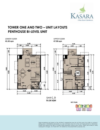 PENTHOUSE BI-LEVEL UNIT 
Unit C, D 
93.28 SQM 
LOWER FLOOR 
45.30 sqm 
UPPER FLOOR 
47.98 sqm 
KEY PLAN 
TOWER ONE AND TWO – UNIT LAYOUTS 
These renderings are based on the architect’s perspective and do not form part of an offer or contract. Selling price is established principally on a per unit basis and not on the unit measurement or dimension. Empire East reserves the right to modify these illustrations without prior notice. Clients are invited to verify subsequent changes. As of April 2014. For reference and presentation purposes only.  