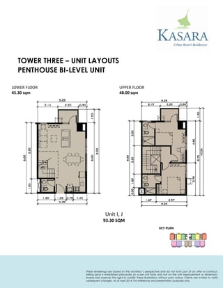 PENTHOUSE BI-LEVEL UNIT 
KEY PLAN 
Unit I, J 
93.30 SQM 
LOWER FLOOR 
45.30 sqm 
UPPER FLOOR 
48.00 sqm 
TOWER THREE – UNIT LAYOUTS 
These renderings are based on the architect’s perspective and do not form part of an offer or contract. Selling price is established principally on a per unit basis and not on the unit measurement or dimension. Empire East reserves the right to modify these illustrations without prior notice. Clients are invited to verify subsequent changes. As of April 2014. For reference and presentation purposes only.  