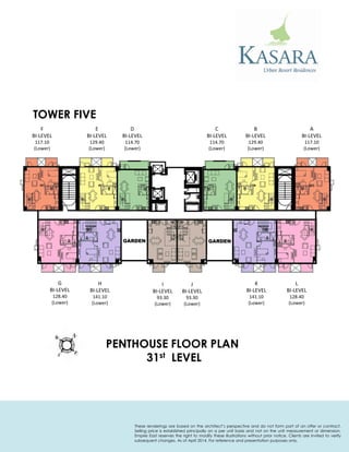 TOWER FIVE 
PENTHOUSE FLOOR PLAN 
31st LEVEL 
L 
BI-LEVEL 
128.40 
(Lower) 
K 
BI-LEVEL 
141.10 
(Lower) 
J 
BI-LEVEL 
93.30 
(Lower) 
I 
BI-LEVEL 
93.30 
(Lower) 
H 
BI-LEVEL 
141.10 
(Lower) 
G 
BI-LEVEL 
128.40 
(Lower) 
F 
BI-LEVEL 
117.10 
(Lower) 
E 
BI-LEVEL 
129.40 
(Lower) 
D 
BI-LEVEL 
114.70 
(Lower) 
C 
BI-LEVEL 
114.70 
(Lower) 
B 
BI-LEVEL 
129.40 
(Lower) 
A 
BI-LEVEL 
117.10 
(Lower) 
These renderings are based on the architect’s perspective and do not form part of an offer or contract. Selling price is established principally on a per unit basis and not on the unit measurement or dimension. Empire East reserves the right to modify these illustrations without prior notice. Clients are invited to verify subsequent changes. As of April 2014. For reference and presentation purposes only.  