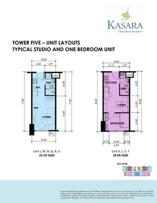 TOWER FIVE – UNIT LAYOUTS 
Unit J, M, N, Q, R, U 
22.50 SQM 
TYPICAL STUDIO AND ONE BEDROOM UNIT 
KEY PLAN 
Unit K, L, S, T 
28.00 SQM 
These renderings are based on the architect’s perspective and do not form part of an offer or contract. Selling price is established principally on a per unit basis and not on the unit measurement or dimension. Empire East reserves the right to modify these illustrations without prior notice. Clients are invited to verify subsequent changes. As of April 2014. For reference and presentation purposes only.  