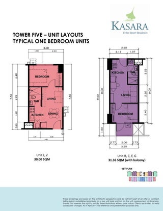 TYPICAL ONE BEDROOM UNITS 
Unit B, C, F, G 
31.36 SQM (with balcony) 
Unit I, V 
30.00 SQM 
TOWER FIVE – UNIT LAYOUTS 
KEY PLAN 
These renderings are based on the architect’s perspective and do not form part of an offer or contract. Selling price is established principally on a per unit basis and not on the unit measurement or dimension. Empire East reserves the right to modify these illustrations without prior notice. Clients are invited to verify subsequent changes. As of April 2014. For reference and presentation purposes only.  