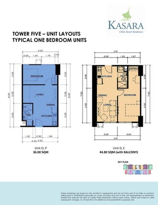 TYPICAL ONE BEDROOM UNITS 
Unit O, P 
36.00 SQM 
Unit D, E 
44.80 SQM (with BALCONY) 
TOWER FIVE – UNIT LAYOUTS 
KEY PLAN 
These renderings are based on the architect’s perspective and do not form part of an offer or contract. Selling price is established principally on a per unit basis and not on the unit measurement or dimension. Empire East reserves the right to modify these illustrations without prior notice. Clients are invited to verify subsequent changes. As of April 2014. For reference and presentation purposes only.  