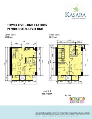 PENTHOUSE BI-LEVEL UNIT 
KEY PLAN 
Unit B, E 
129.40 SQM 
LOWER FLOOR 
62.70 sqm 
UPPER FLOOR 
66.70 sqm 
TOWER FIVE – UNIT LAYOUTS 
These renderings are based on the architect’s perspective and do not form part of an offer or contract. Selling price is established principally on a per unit basis and not on the unit measurement or dimension. Empire East reserves the right to modify these illustrations without prior notice. Clients are invited to verify subsequent changes. As of April 2014. For reference and presentation purposes only.  