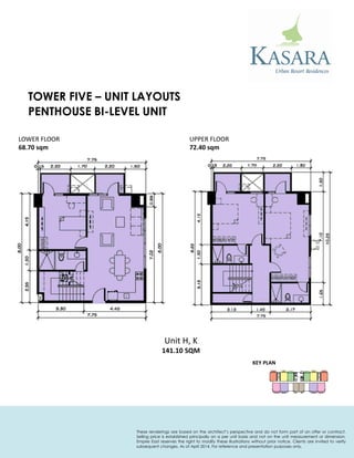 PENTHOUSE BI-LEVEL UNIT 
KEY PLAN 
Unit H, K 
141.10 SQM 
LOWER FLOOR 
68.70 sqm 
UPPER FLOOR 
72.40 sqm 
TOWER FIVE – UNIT LAYOUTS 
These renderings are based on the architect’s perspective and do not form part of an offer or contract. Selling price is established principally on a per unit basis and not on the unit measurement or dimension. Empire East reserves the right to modify these illustrations without prior notice. Clients are invited to verify subsequent changes. As of April 2014. For reference and presentation purposes only.  