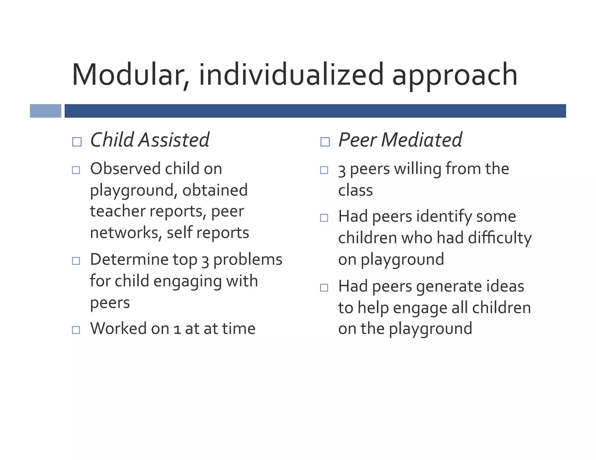 Modular,	
  individualized	
  approach	
  
    Child	
  Assisted	
                             Peer	
  Mediated	
  
    Observed	
  child	
  on	
                       3	
  peers	
  willing	
  from	
  the	
  
     playground,	
  obtained	
                        class	
  
     teacher	
  reports,	
  peer	
                   Had	
  peers	
  identify	
  some	
  
     networks,	
  self	
  reports	
                   children	
  who	
  had	
  diﬃculty	
  
    Determine	
  top	
  3	
  problems	
              on	
  playground	
  
     for	
  child	
  engaging	
  with	
              Had	
  peers	
  generate	
  ideas	
  
     peers	
                                          to	
  help	
  engage	
  all	
  children	
  
    Worked	
  on	
  1	
  at	
  at	
  time	
          on	
  the	
  playground	
  
 