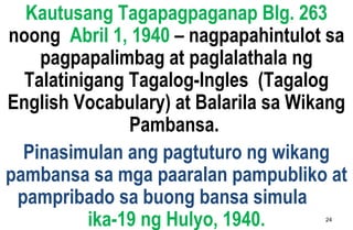 Kautusang Tagapagpaganap Blg. 263
noong Abril 1, 1940 – nagpapahintulot sa
pagpapalimbag at paglalathala ng
Talatinigang T...